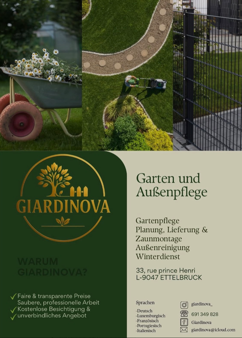 Giardinova Flyer mit Leistungen für Garten und Außenpflege